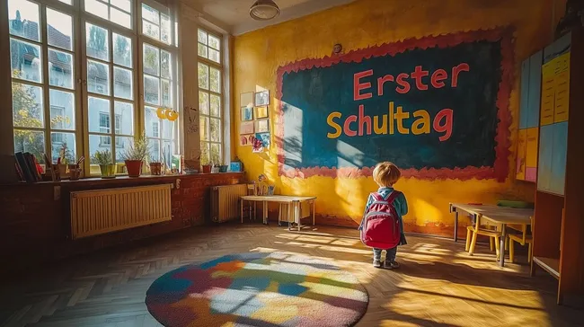 Erster Schultag in bunter Grundschule