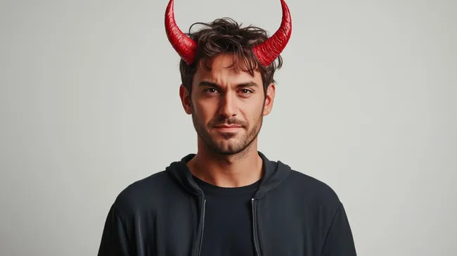 Erwachsener Mann als Teufel verkleidet mit Hörnern