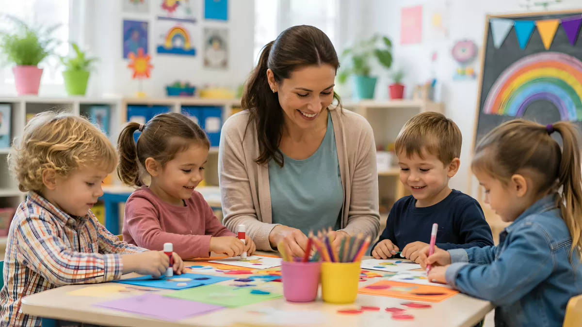 Erzieherin bastelt mit Kindergartenkindern am Tisch