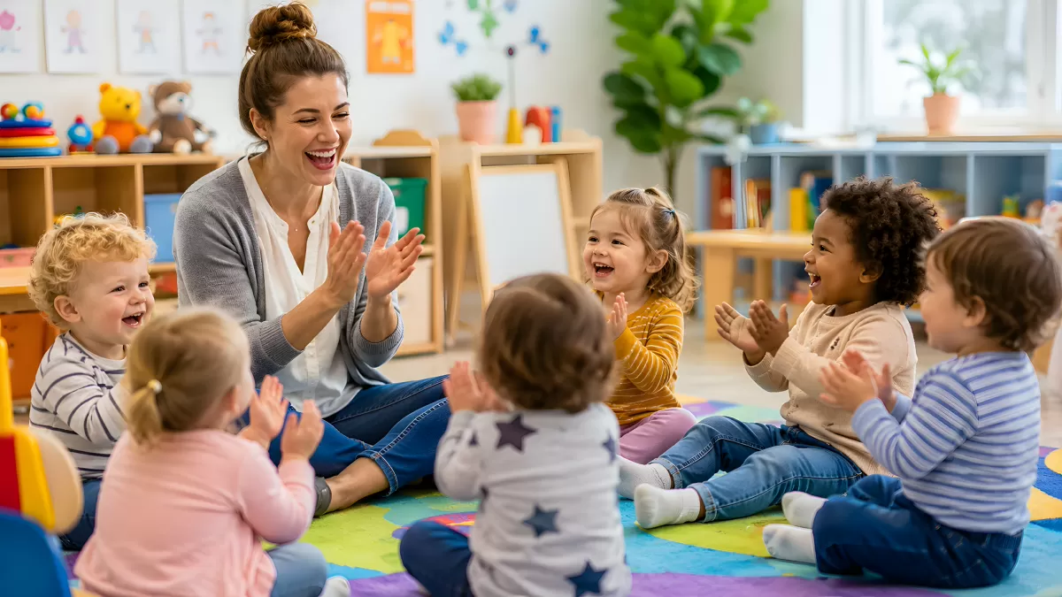Erzieherin klatscht mit Kleinkindern im Kindergarten