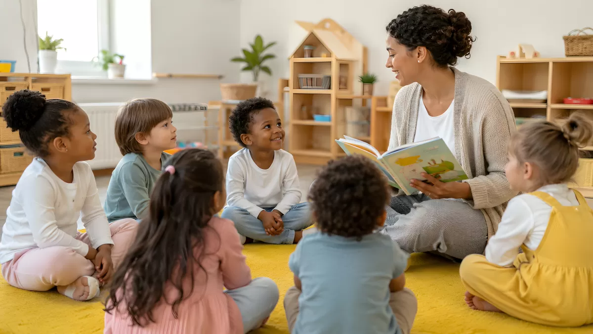 Erzieherin liest Kinderkrippe Gruppe ein Bilderbuch vor
