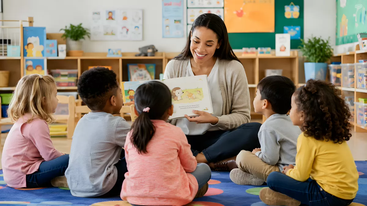Erzieherin liest Kleinkindern im Kindergarten vor