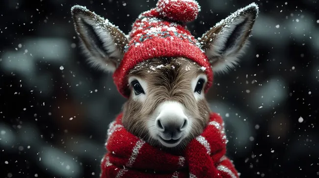 Esel mit Weihnachtsmütze und Schal im Schnee