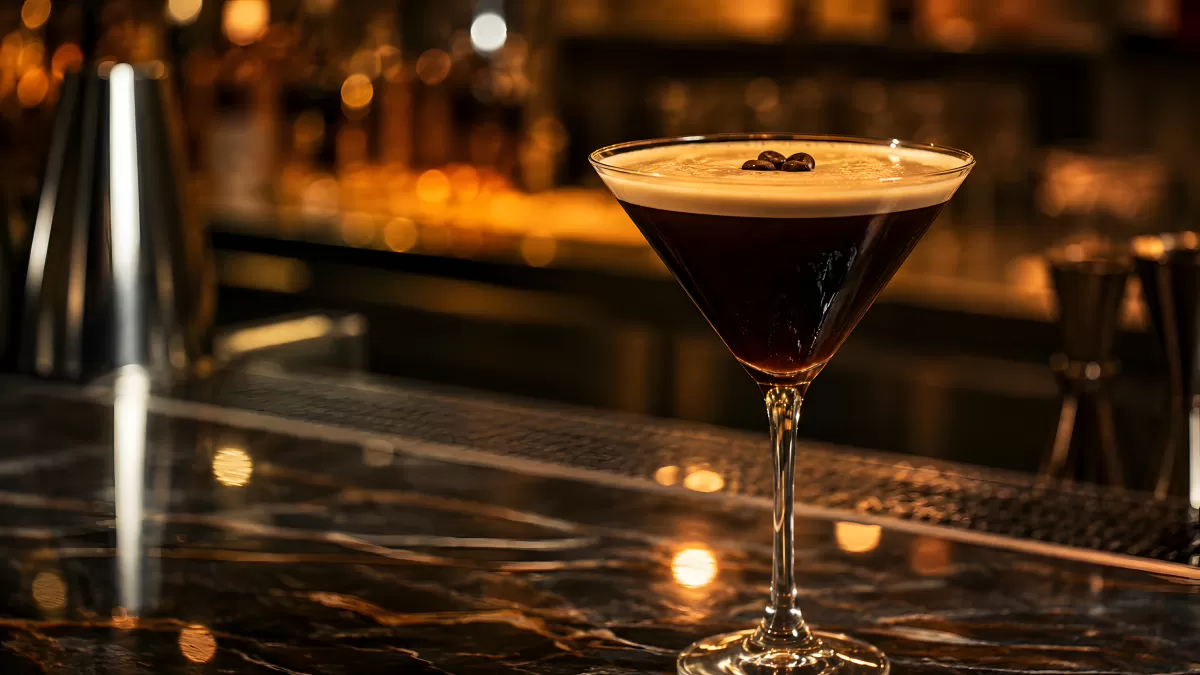 Espresso Martini in elegantem Bar-Ambiente bei Nacht