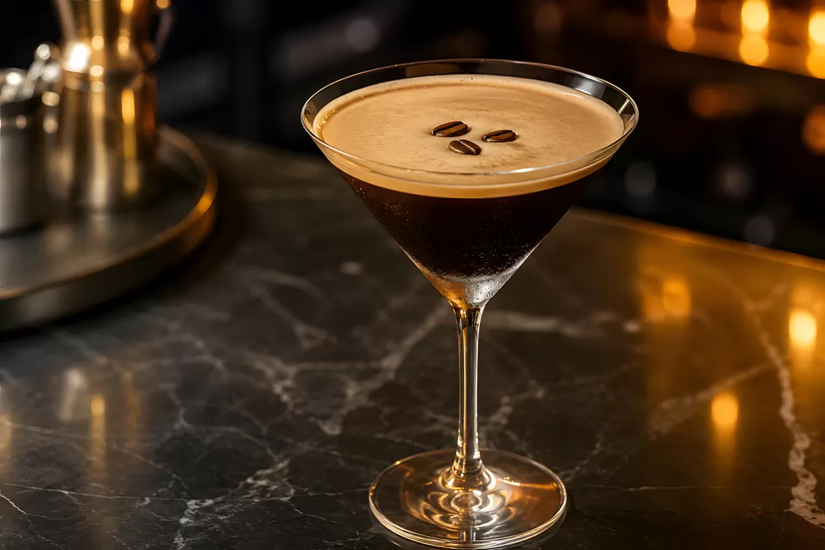 Espresso Martini mit Kaffeebohnen im Barambiente