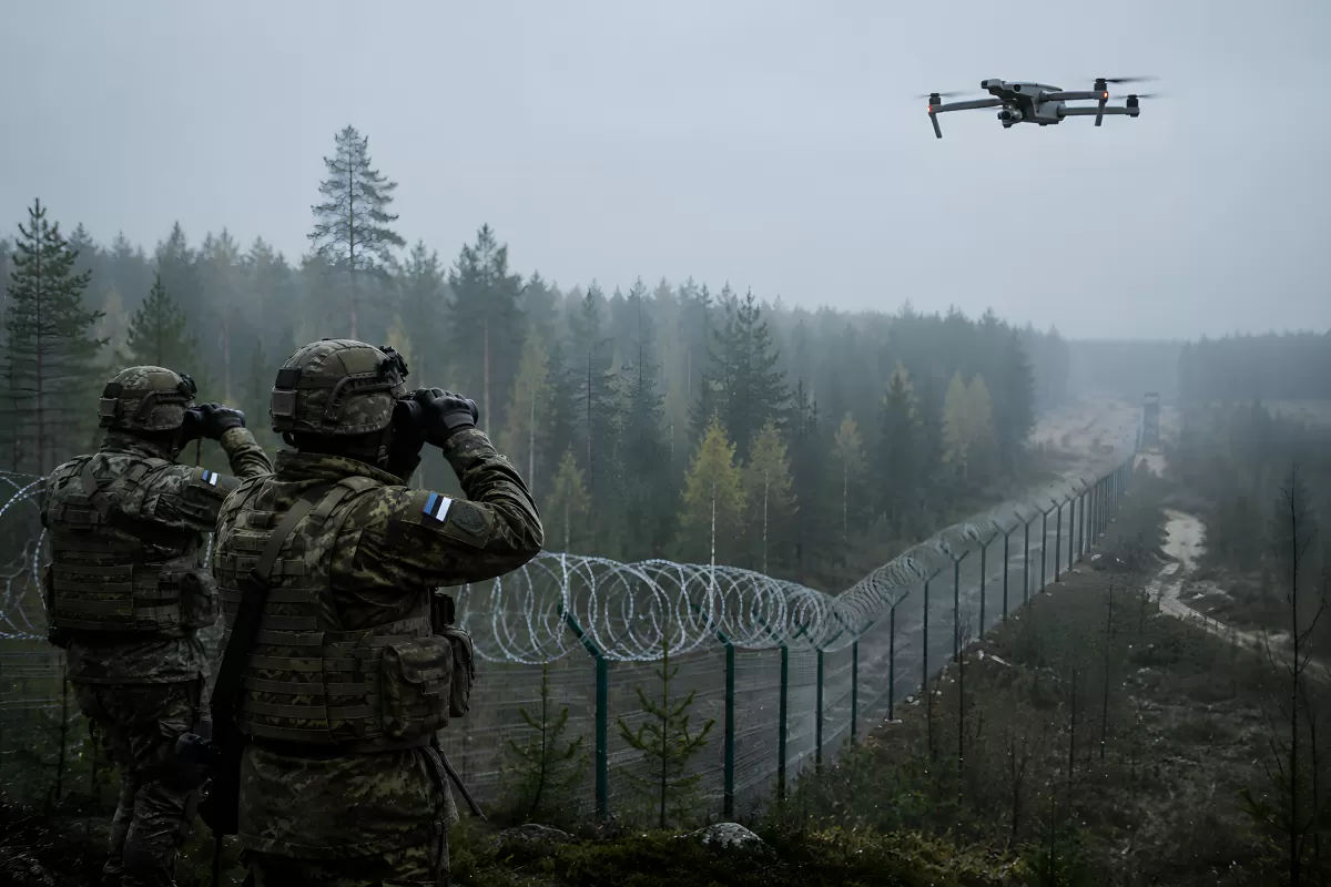 Estnische Soldaten beobachten Drohne an Grenzanlage