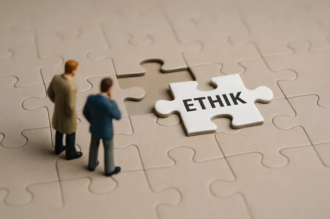 Ethik-Puzzle mit Miniaturmännern - Konzeptbild