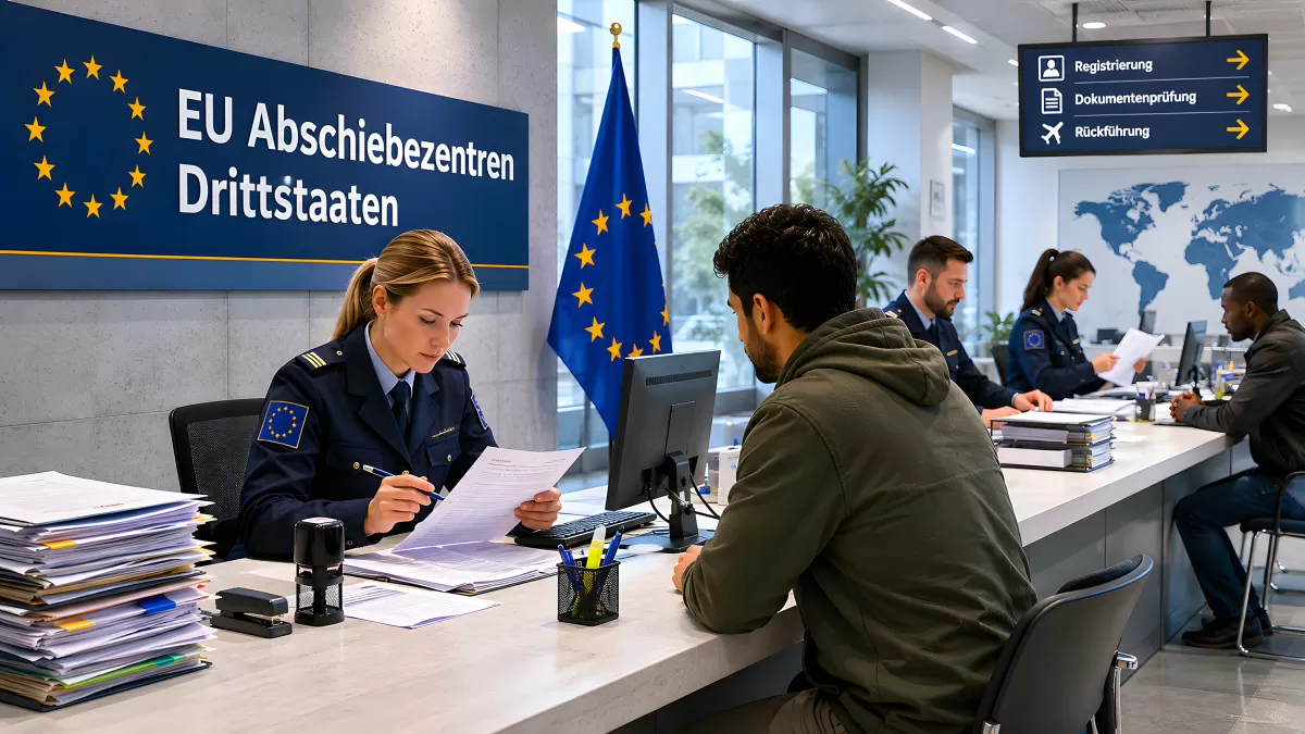 EU-Abschiebezentrums-Zentrum mit Beamtin und Antragsteller