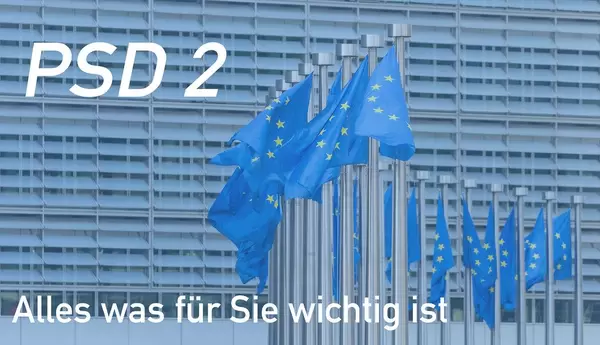 EU flags waving in front of European Parliament building with Alles was für Sie wichtig ist text