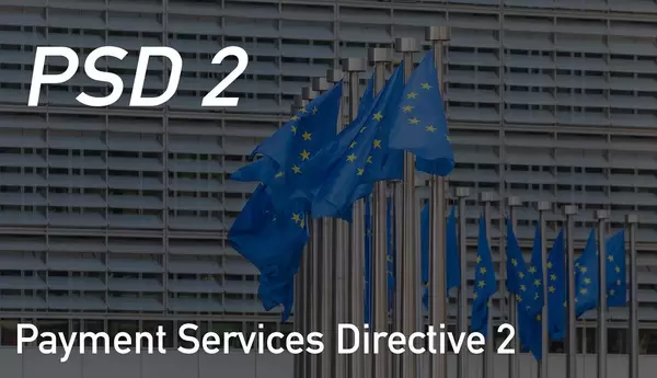 EU flags waving in front of European Parliament building with Payment Services Directive 2 text