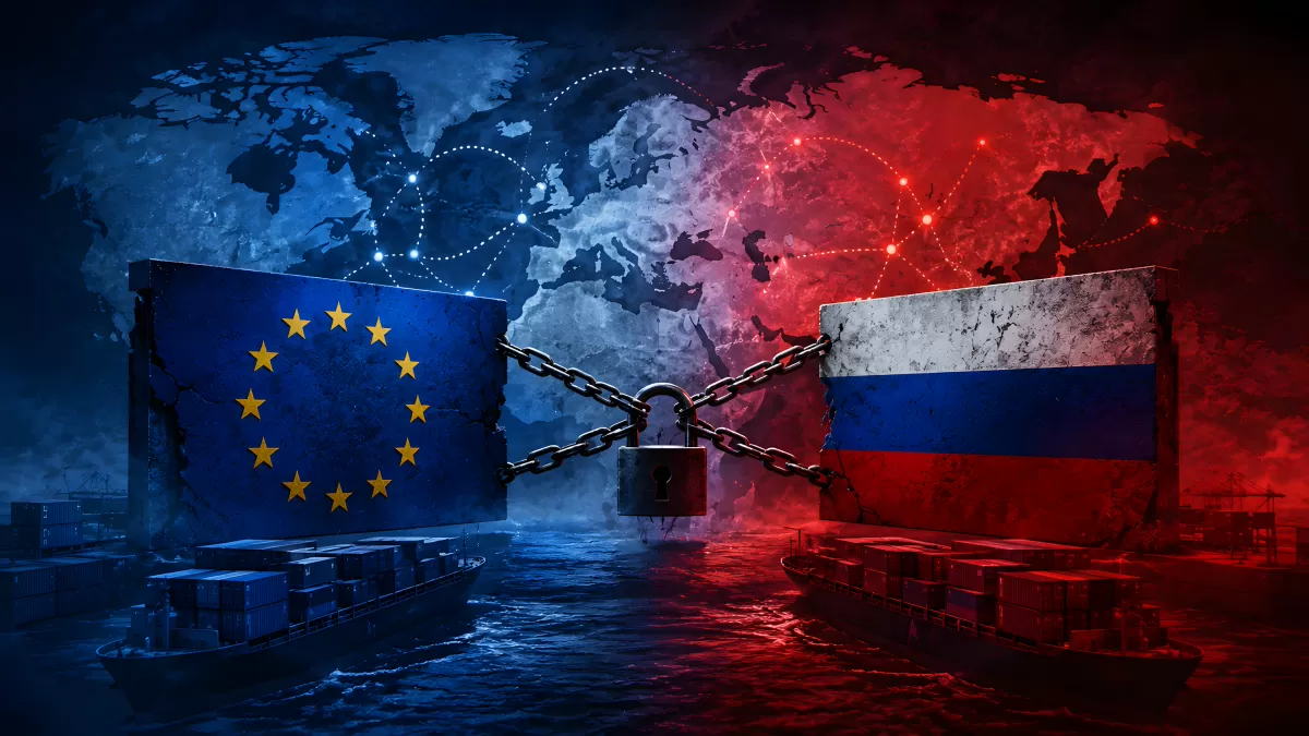 EU und Russland durch Kette und Schloss symbolisch getrennt
