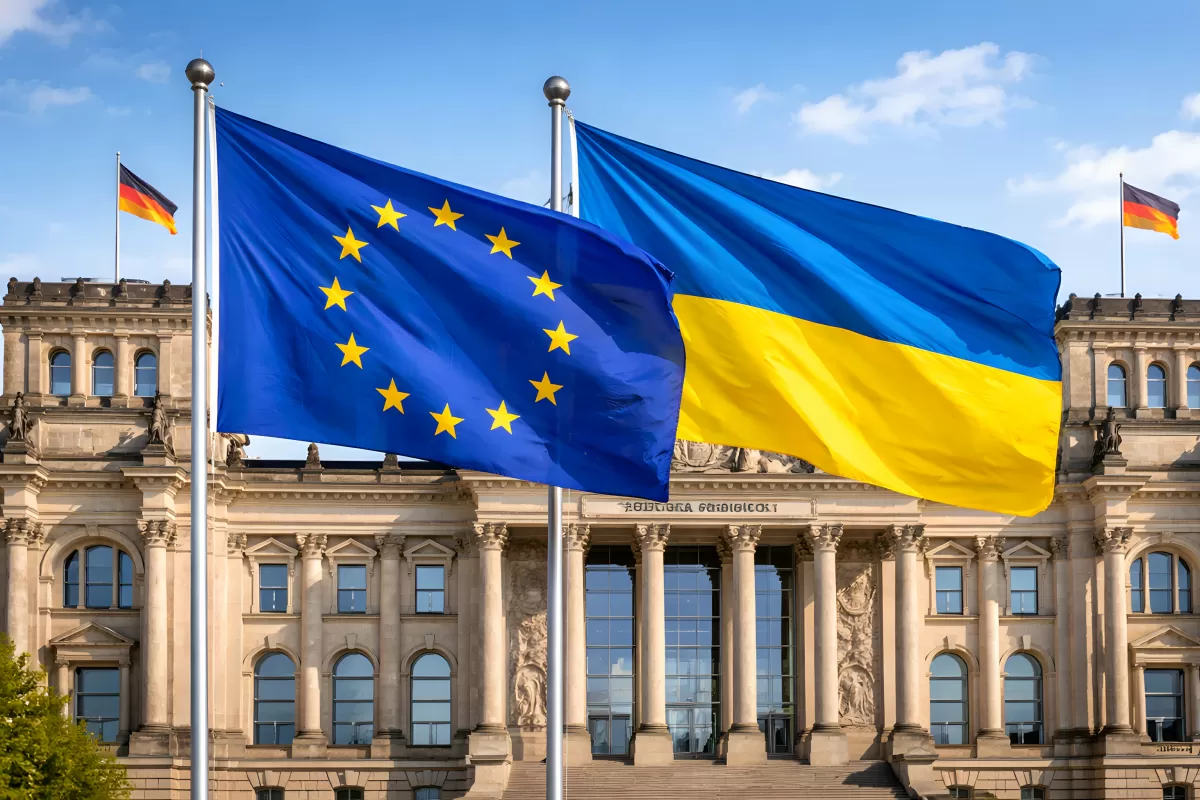 EU- und Ukraine-Flagge vor dem Berliner Reichstag