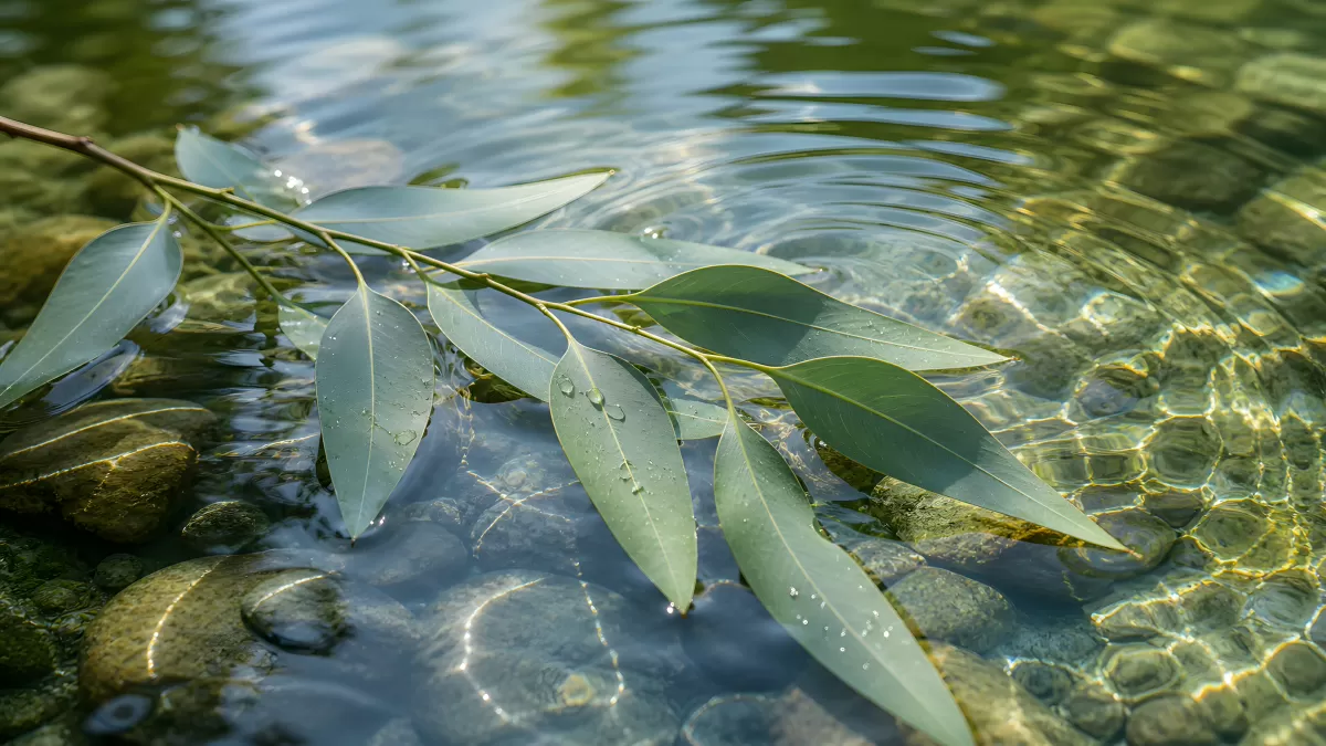 Eukalyptuszweig auf klarem Wasser mit Kieselsteinen