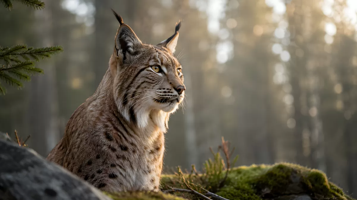 Eurasischer Luchs sitzt aufmerksam im Nadelwald