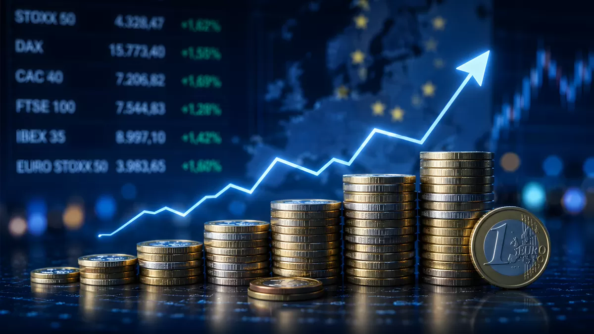 Euro-Münzen in wachsenden Stapeln mit Börsenkursen