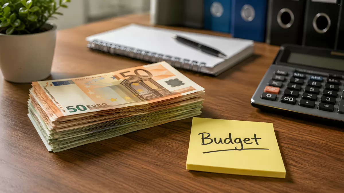 Eurogeldscheine mit Budget-Notiz auf Schreibtisch