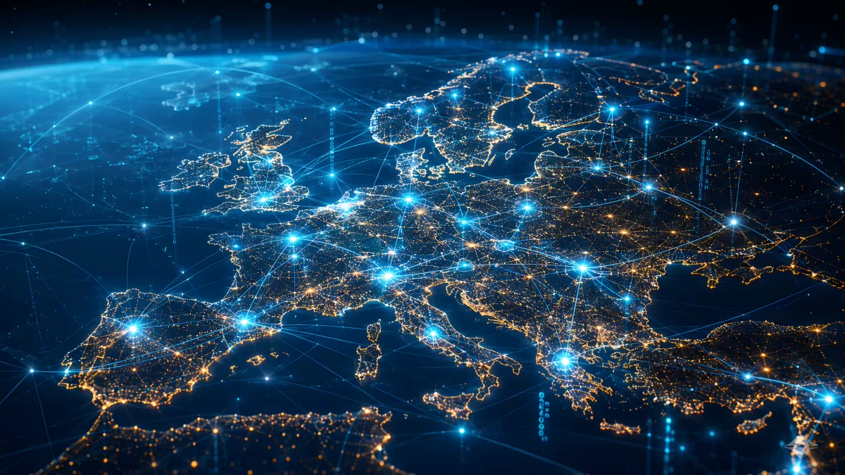 Europa bei Nacht mit digitalen Netzwerkverbindungen