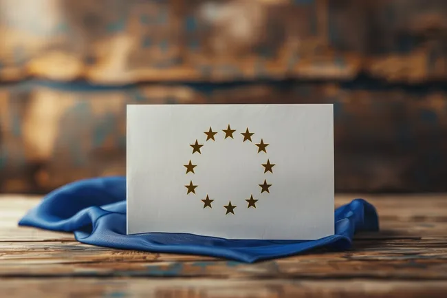 Europäische Flagge auf Holztisch