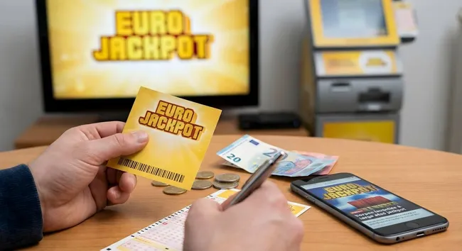 Europäischer Lotterieschein mit Smartphone und Bargeld
