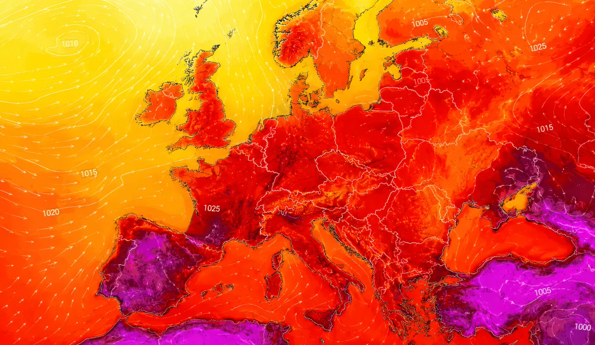 Europakarte mit extremer Hitzewelle und Druckisobaren