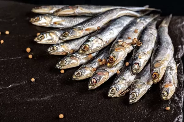 European sprat, hamsa on a black stone with spices coriander