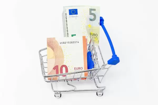 Euroscheine in einem Einkaufswagen
