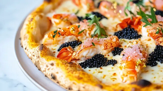 Exklusive Seafood-Pizza mit Hummer und Kaviar