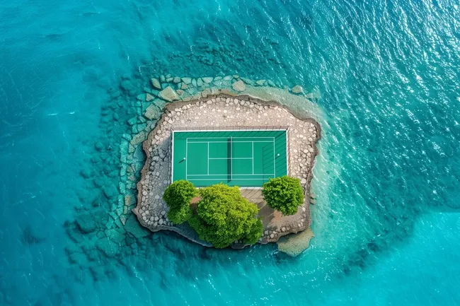 Exklusiver Tennisplatz auf Felsriff im türkisblauen Ozean
