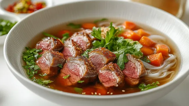 Exotisch gewürzter Pho-Nudelsuppe mit zart-rotem Entenbraten