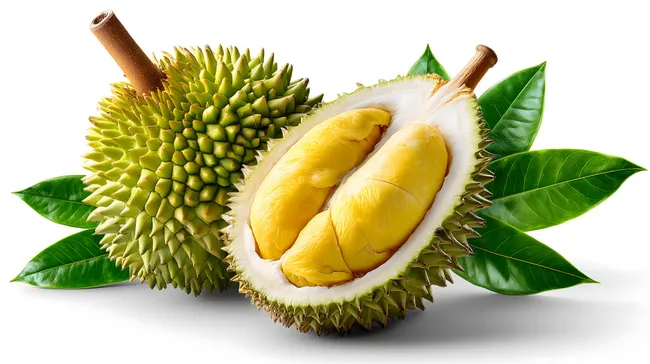 Exotische Durian-Frucht mit Blättern