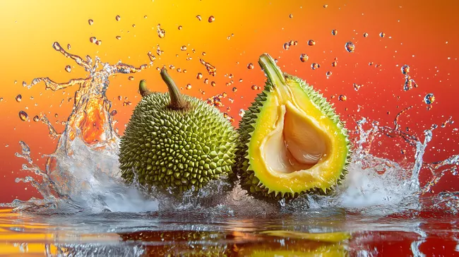 Exotische Durian-Früchte mit Wasserspritzereffekt