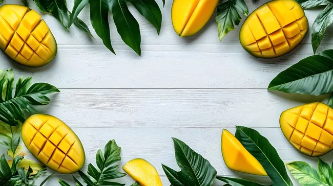 Exotische Mangoscheiben mit frischem Blattgrün