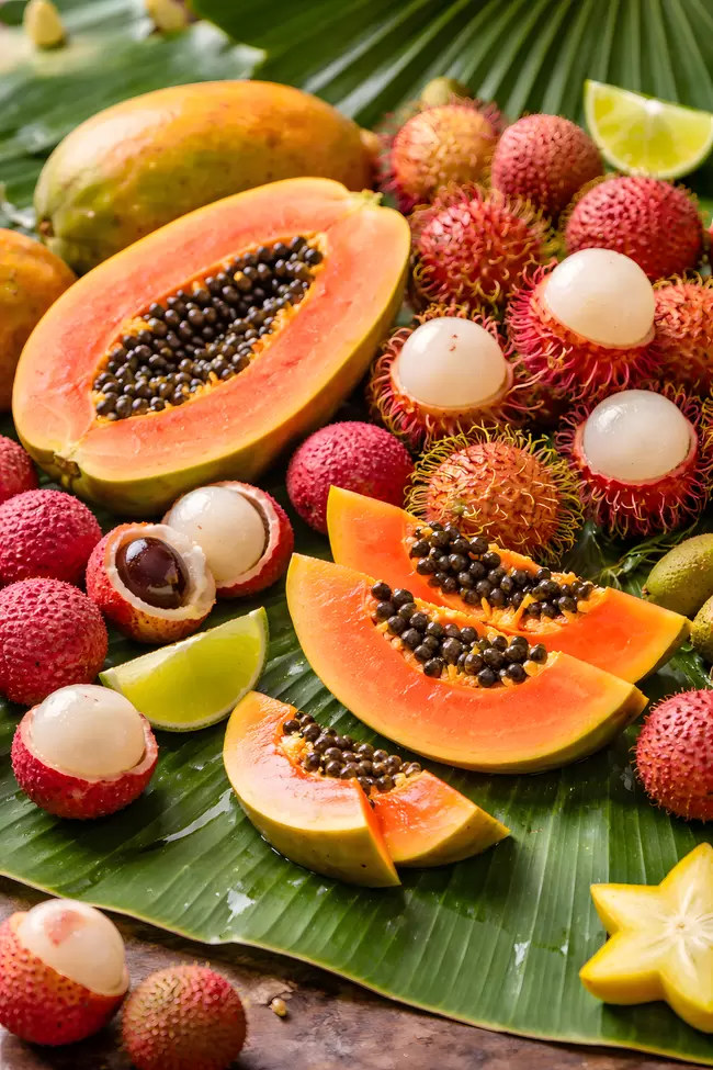 Exotische tropische Früchte und Blumen auf Palmblatt