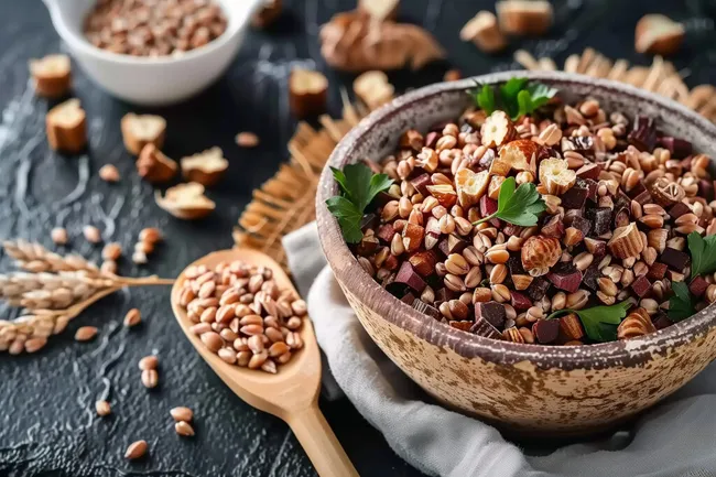 Exotische Vollkornmischung in Holzschüssel