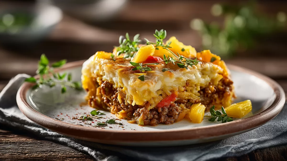 Exotischer Curry Reisauflauf mit Hackfleisch überbacken