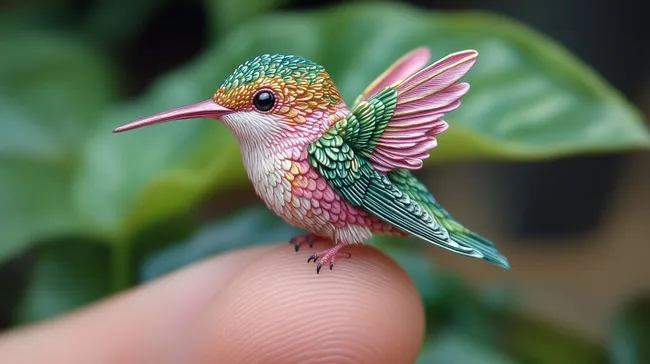 Exotischer Kolibri auf menschlichem Finger