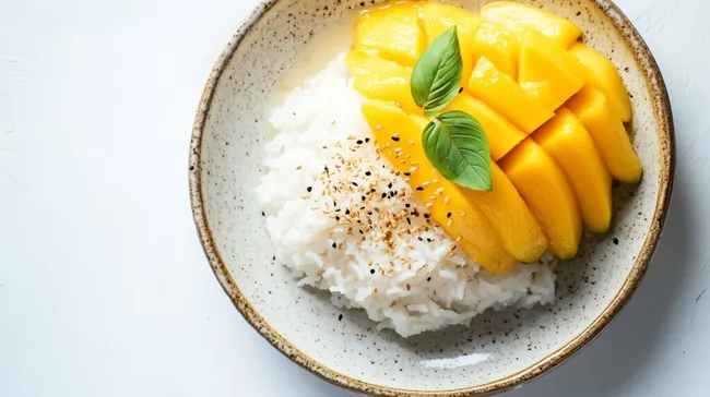 Exotischer Reisteller mit Mangostücken und Kokossauce