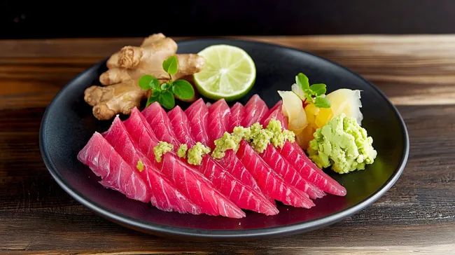 Exotisches Thunfisch-Sashimi-Gericht mit Wasabi und Ingwer