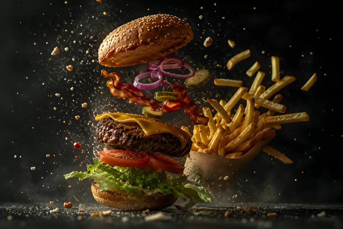 Explodierende Burger-Zutaten mit Pommes frites