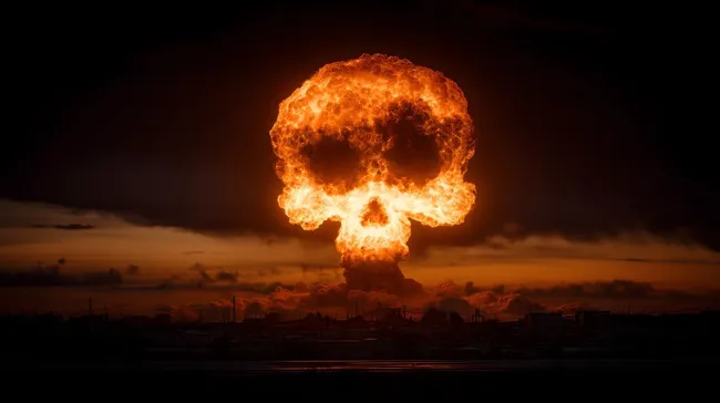 Explodierender Atompilz in Totenkopfform