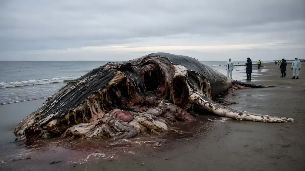 Explodierter toter Wal am Strand mit Forschern