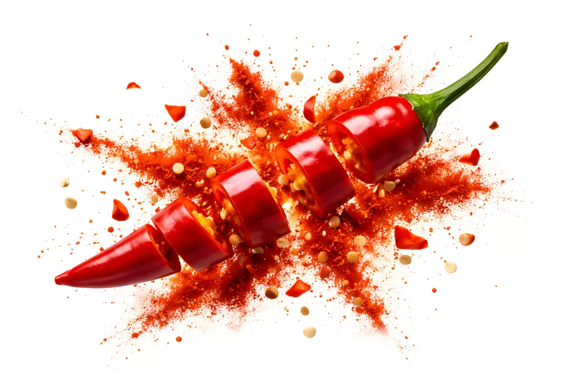 Explosion von roten Paprikaschoten und Gewürzen