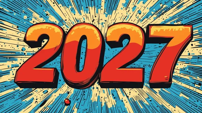 Explosiv leuchtende Pop-Art-Jahreszahl 2027