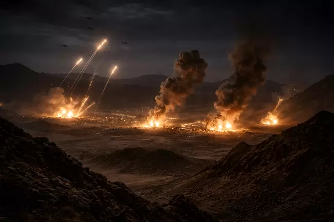 Explosive Kriegslandschaft bei Nacht