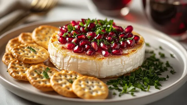Exquisite Käseplatte mit Granatapfelkernen und frischen Kräutern