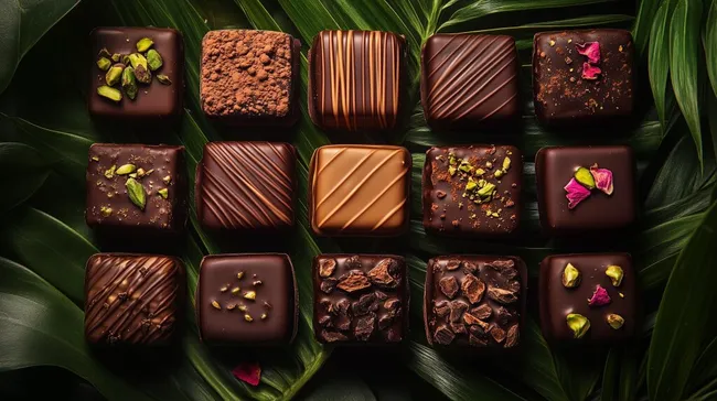 Exquisite Schokoladenpralinenvariation auf tropischen Blättern