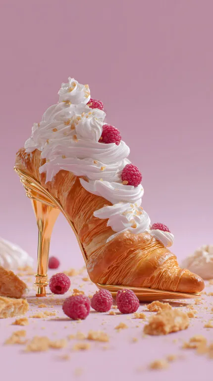 Exquisites Croissant-Dessert mit Sahne und Himbeeren