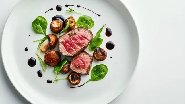 Exquisites Fleischgericht mit saftigen Pilzen und glänzendem Balsamico-Dressing