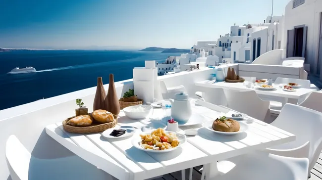 Exquisites Frühstück mit Meerblick auf Santorini