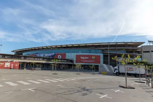 Exterior view of Europe's largest football stadium Camp Nou in Barcelona, Spain